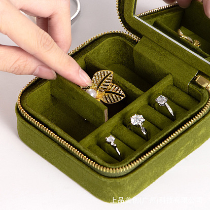 Cajas con cremallera para almacenamiento de joyas de terciopelo cuadrado de 2 niveles con espejo en el interior, Estuche organizador de joyas de viaje portátil para anillos., Aretes, , almacenamiento de pulseras
