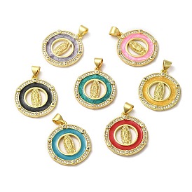 Rack Plating Brass Enamel Clear Cubic Zirconia Pendants, Real 18K Gold Plated, Long-Lasting Plated, Round with Saint