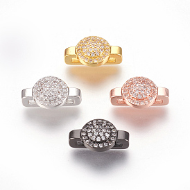 Brass Micro Pave Cubic Zirconia Slide Charms, Lead Free & Cadmium Free & Nickel Free, Long-Lasting Plated, Flat Round, Clear