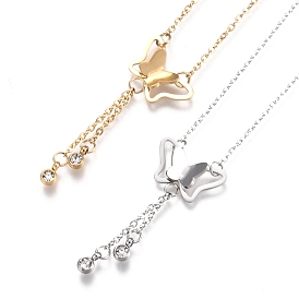 304 Stainless Steel Pendant Necklaces, with Rhinestone and Lobster Claw Clasps, Butterfly
