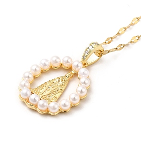 Resin Pearl Beaded Saint Pendant Necklace with Cubic Zirconia, Brass Jewelry for Women