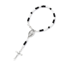 Pulsera con amuleto de cruz de aleación, pulsera estilo rosario de cuentas de vidrio