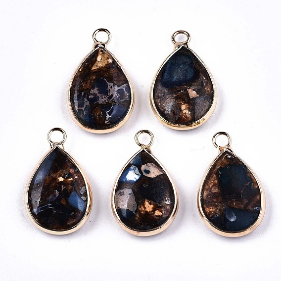 Teardrop Assembled Synthetic Bronzite and Regalite/Imperial Jasper Pendants, with Iron Loop and Brass Edge, Light Gold, Dyed
