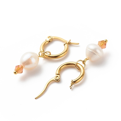 Natural Pearl & Glass Beaded Dangle Hoop Earrings, 304 Stainless Steel Jewelry for Women