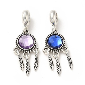 Rack Plating Alloy European Dangle Charms, with Glass, Large Hole Charms, Flat Round with Feather, Antique Silver