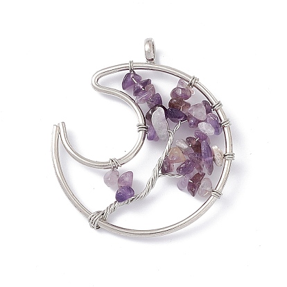Moon Natural Amethyst Copper Wire Wrapped Chip Big Pendants, Tree of Life Charm, with Platinum Tone Iron Findings