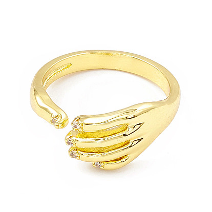 Cubic Zirconia Hand Plam Open Cuff Ring, Golden Brass Jewelry for Women