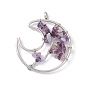 Moon Natural Amethyst Copper Wire Wrapped Chip Big Pendants, Tree of Life Charm, with Platinum Tone Iron Findings
