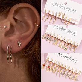 Copper Inlaid Zircon Earrings Set - Butterfly Heart Earrings, European and American Style