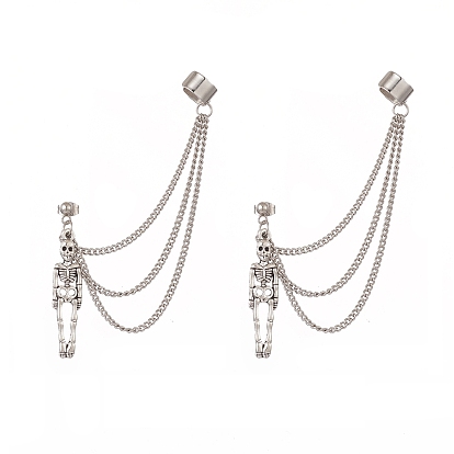 Skeleton Tibetan Style Alloy Dangle Stud Earrings, Brass Ear Cuff Earrings for Women, 304 Stainless Steel Curb Chains Tassel Earrings