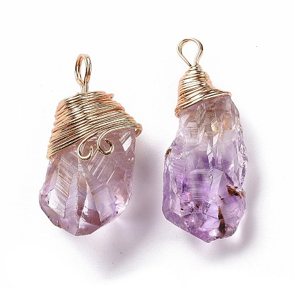 Natural Raw Amethyst Pendants, Copper Wire Wrapped Druzy Amethyst Nuggets Charms