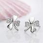 Real Platinum Plated Brass Four Leaf Clover Stud Earrings, with Rhinestone, 8x8mm