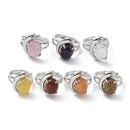 Natural & Synthetic Mixed Gemstone Oval with Dolphin Adjustable Ring, Platinum Brass Jewelry, Cadmium Free & Lead Free