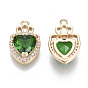 Glass Pendants, with Micro Pave Cubic Zirconia and Brass Open Back Settings, Faceted, Heart with Crown, Light Gold