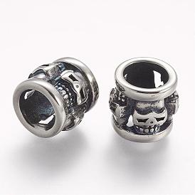 304 Stainless Steel Beads, Hollow, Column with Skull, Large Hole Beads
