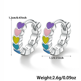 Rhodium Plated 925 Sterling Silver Hoop Earring for Women, with Heart-shaped Enamel
