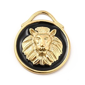Ion Plating(IP) 304 Stainless Steel Enamel Pendants, Flat Round with Lion Charm