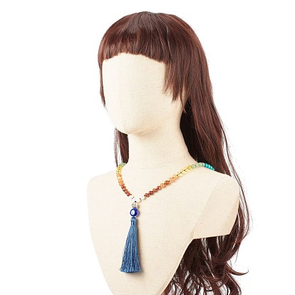 Gemstone Mala Beads Necklace, Lampwork Evil Eye with Tassel Big Pendant Necklace, Yoga Prayer Jewelry for Women