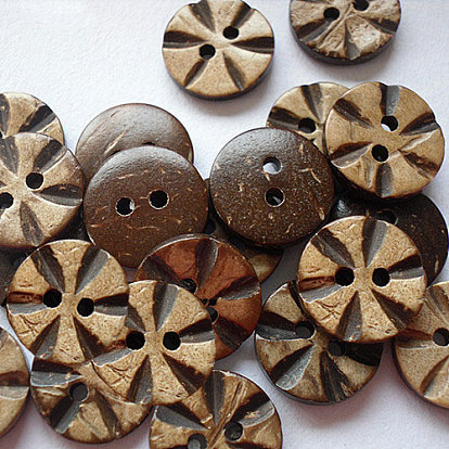 Tallada 2-agujero de botón de costura básica en forma de flores, Botón de coco, 15 mm
