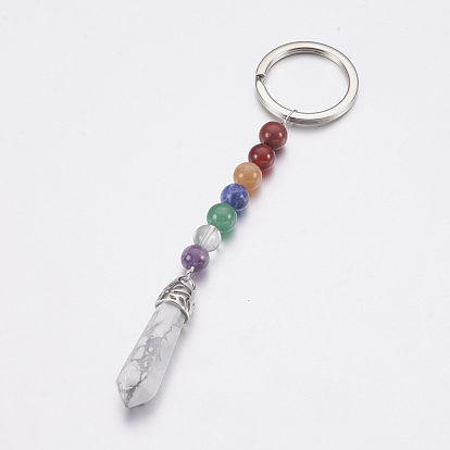 Natural/Synthetic Gemstone Chakra Pointed Keychain, with Mixed Stone and Platinum Plated Brass Key Findings, Bullet