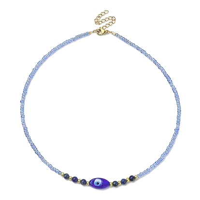 Natural Lapis Lazuli & Lampwork Evil Eye & Seed Beaded Necklace