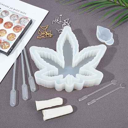 Olycraft DIY Pot Leaf Ashtray Silicone Molds Kits, Stirring Rod, Disposable Latex Finger Cots, Transfer Pipettes, Silicone Stirring Bowl, Zinc Alloy Cabochons, Nail Art Tinfoil