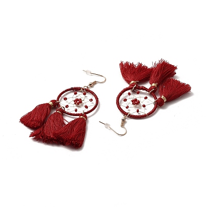 Tassels Woven Net Dangle Earrings with Resin Beaded, Iron Wire Wrap Long Drop Earrings for Women