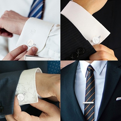 Botón de puño de latón, fornituras de mancuernas para accesorios de prendas de vestir, con clip y letra, plata