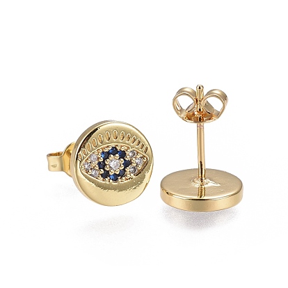 Brass Micro Pave Cubic Zirconia Stud Earrings, Flat Round with Evil Eye, Golden