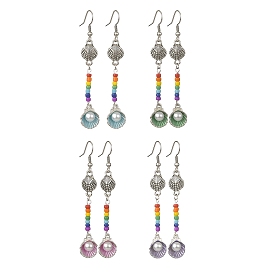 4 paire 4 coque en alliage de couleur avec boucles d'oreilles pendantes en perles d'imitation, boucles d'oreilles longues en perles de graines de verre