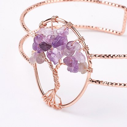 Bracelets de manchette en perles de pierre naturelle, avec les accessoires en laiton de ton or rose