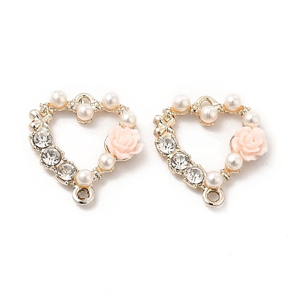 Alloy Crystal Rhinestone Connector Charms, Light Gold, with Resin, Heart Links with Flower