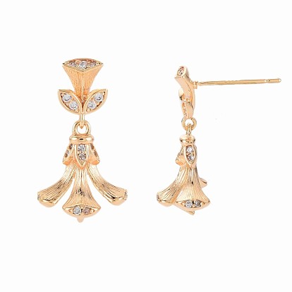 Brass Micro Pave Clear Cubic Zirconia Stud Earring Findings, for Half Drilled Beads, Nickel Free, Tassel Shape