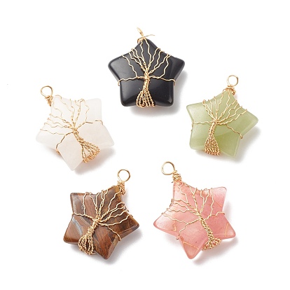 Gemstone Pendants, with Copper Wire Wrapped, Star with Tree