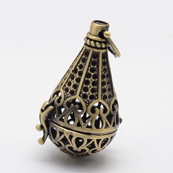 Filigree Cone Brass Cage Pendants, For Chime Ball Pendant Necklaces Making, Lead Free & Cadmium Free, 40.5x25.5x22mm, Hole: 6x5mm, Inner: 18mm