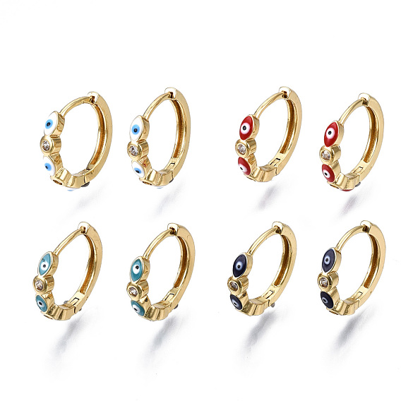 Brass Micro Pave Cubic Zirconia Huggie Hoop Earrings, with Enamel, Nickel Free, Ring with Evil Eye, Real 16K Gold Plated