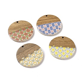 Opaque Resin & Walnut Wood Pendants, Flat Round Charms with Flower Pattern