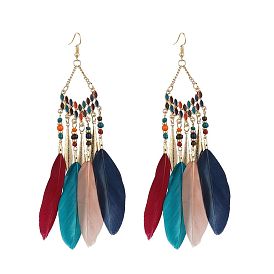 Bohemian Feather Tassel Earrings with V-shape Design for Vintage Ethnic Style