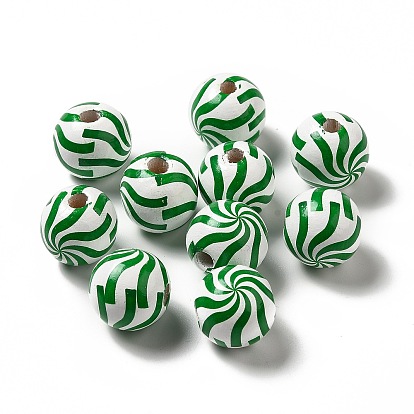 Perles en bois naturel imprimées sur le thème de noël, ronde avec motif de tourbillon