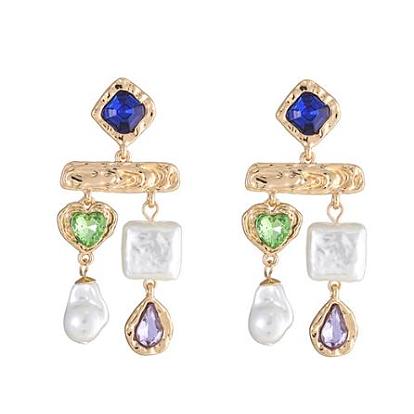 Imitating Pearl & Glass Heart & Teardrop Chandelier Earrings, Golden Alloy Jewelry