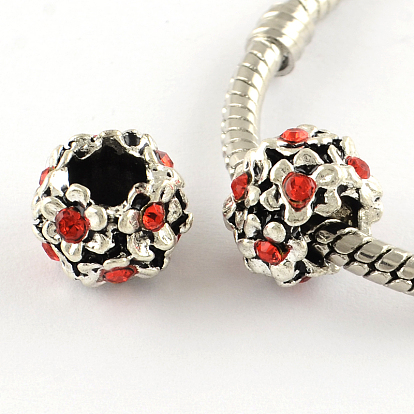 Antique Silver Plated Alloy Rhinestone Flower Large Hole European Beads, 11x8mm, Hole: 5mm