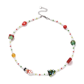 Natural Quartz Crystal & Dyed Mashan Jade & Lampwork Beaded Necklace, Gift Box & Tree & Snowman Christmas Necklace for Women
