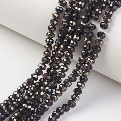 Electroplate Transparent Glass Beads Strands, Half Black Plated, Faceted, Rondelle