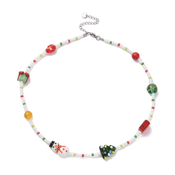 Cristal de quartz naturel et jade mashan teint et collier de perles au chalumeau, boîte-cadeau et arbre et bonhomme de neige collier de noël pour les femmes