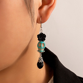 Halloween Synthetic Turquoise Skull Dangle Earring, Alloy Rhinestone Earrings Jewelry for Women