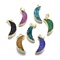 Natural Druzy Agate Pendants, Edge Golden Plated, with Golden Tone Brass Finding, Moon, Dyed & Heated