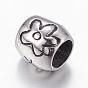 304 Stainless Steel European Beads, Large Hole Beads, Barrel with Heart and Flower