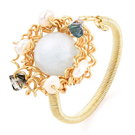 Natural Pearl & Gemstone Braided Beaded Flat Round Open Cuff Ring, Brass Wire Wrapped Jewelry for Women