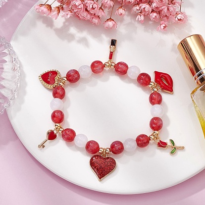 Resin Round Beaded Stretch Bracelet, Heart & Flower & Lip Charms Bracleet for Valentine's Day