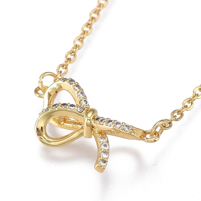 Brass Micro Pave Clear Cubic Zirconia Pendant Necklaces, with 304 Stainless Steel Cable Chains, Bowknot